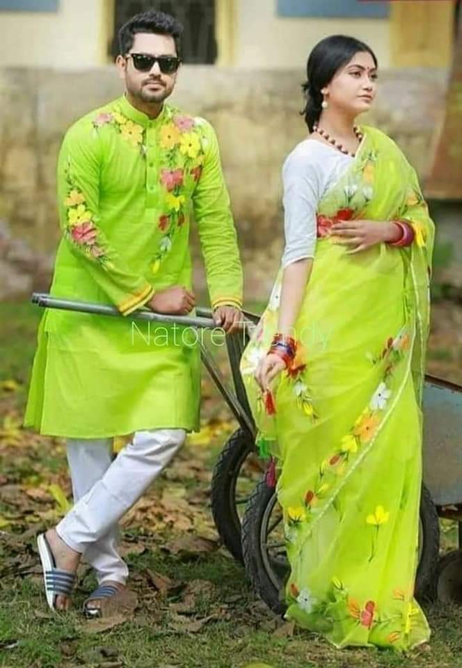 Hand Print Saree and Panjabi Couple Dress, 4 Colour Choices