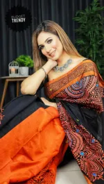 Embroidered Dhupian Silk Saree in Block Print, 13 Haath