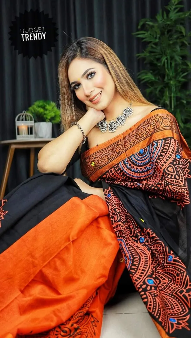 Block Print Dhupian Silk Saree with Embroidery, 6 Colours