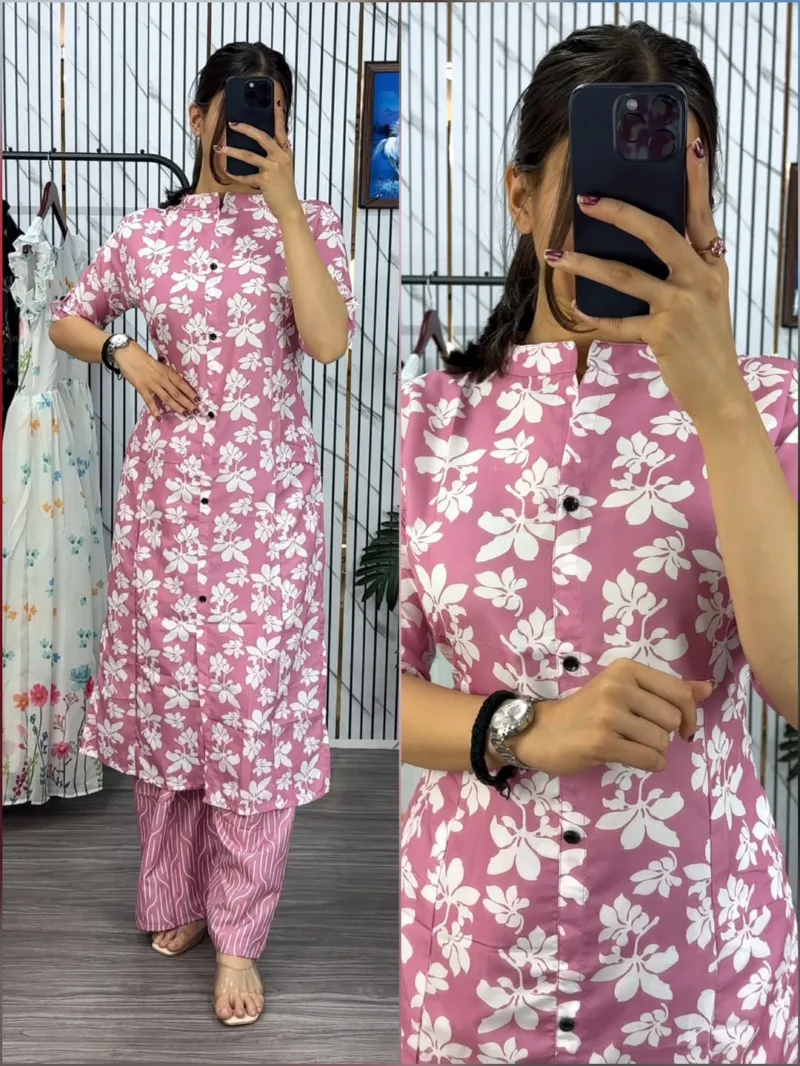 মেয়েদের বাটন ফ্রন্ট কটন কুর্তি ও প্যান্ট সেট