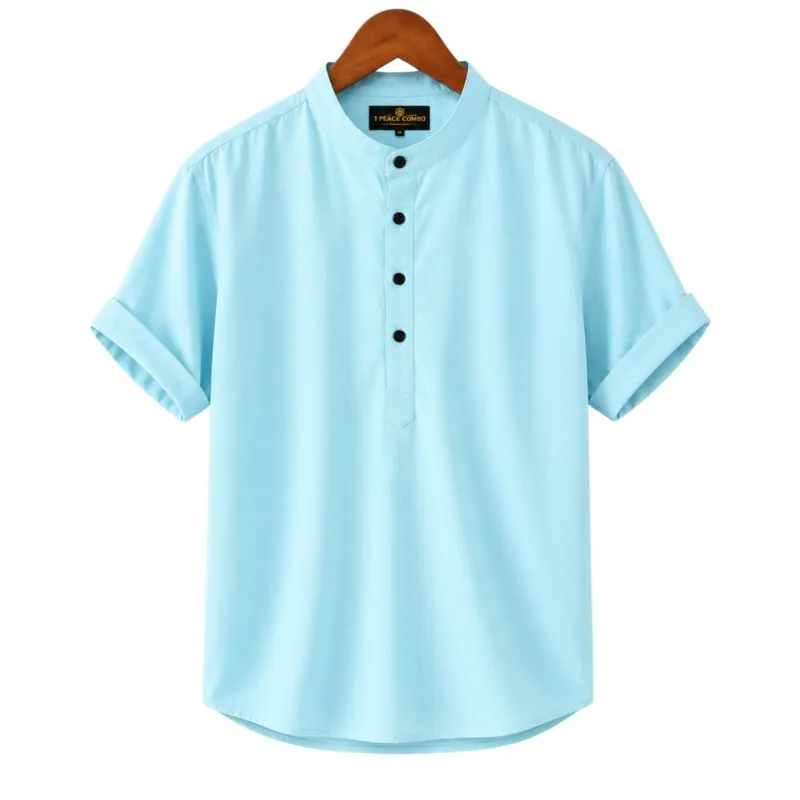Men's Short Sleeve Oxford Cotton Katua with Band Collar, M to XXL