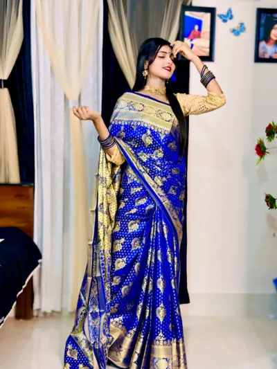 বুটি ওয়ার্ক সফট সিল্ক কাতান শাড়ি, শুধু শাড়ি, 12 হাত