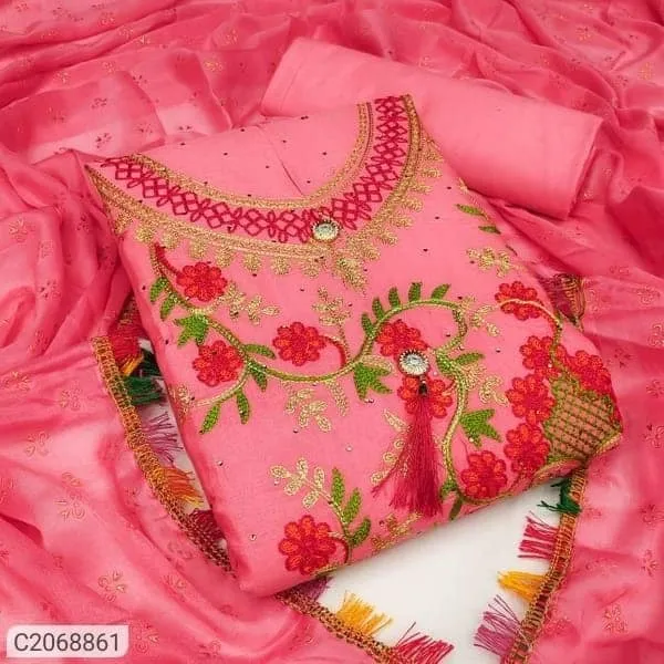 Aari Embroidered Cotton Three Piece, 40 Inch Kameez, 6 Colours