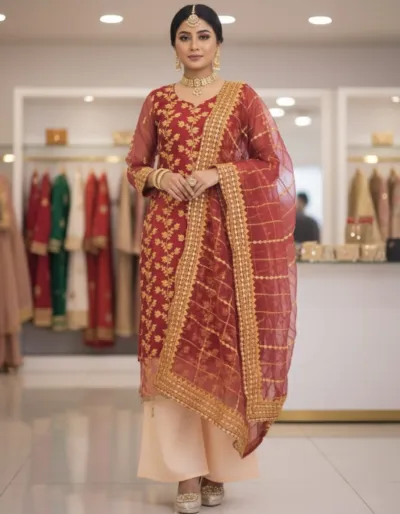 Semi-Stitched Organza Three Piece with Embroidery and Beadwork