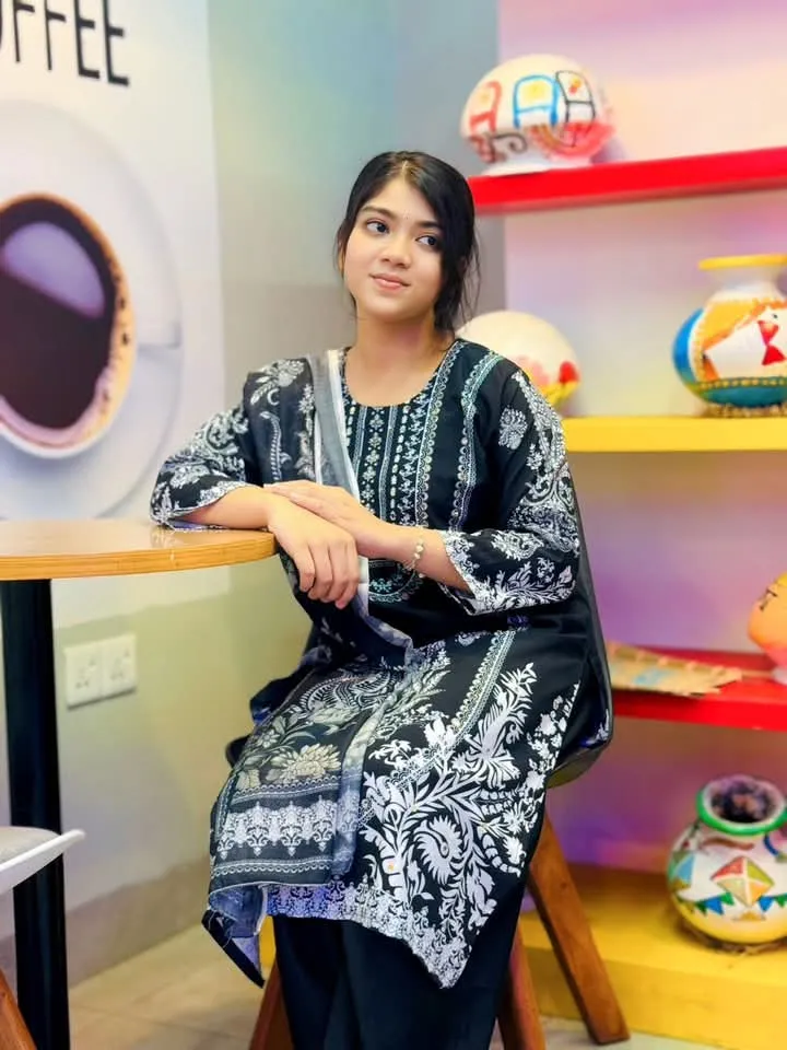 Butter Silk Digital Print Three Piece with Semi Georgette Orna