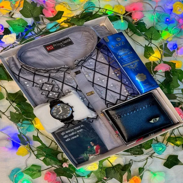 সিকোয়েন্স পাঞ্জাবি কম্বো সেট, ঘড়ি-ওয়ালেট-পারফিউম ও গিফট বক্সসহ