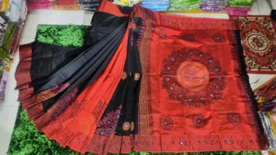 মহিলাদের ধুপিয়ান সিল্ক শাড়ি, ব্লক প্রিন্ট ও এমব্রয়ডারি