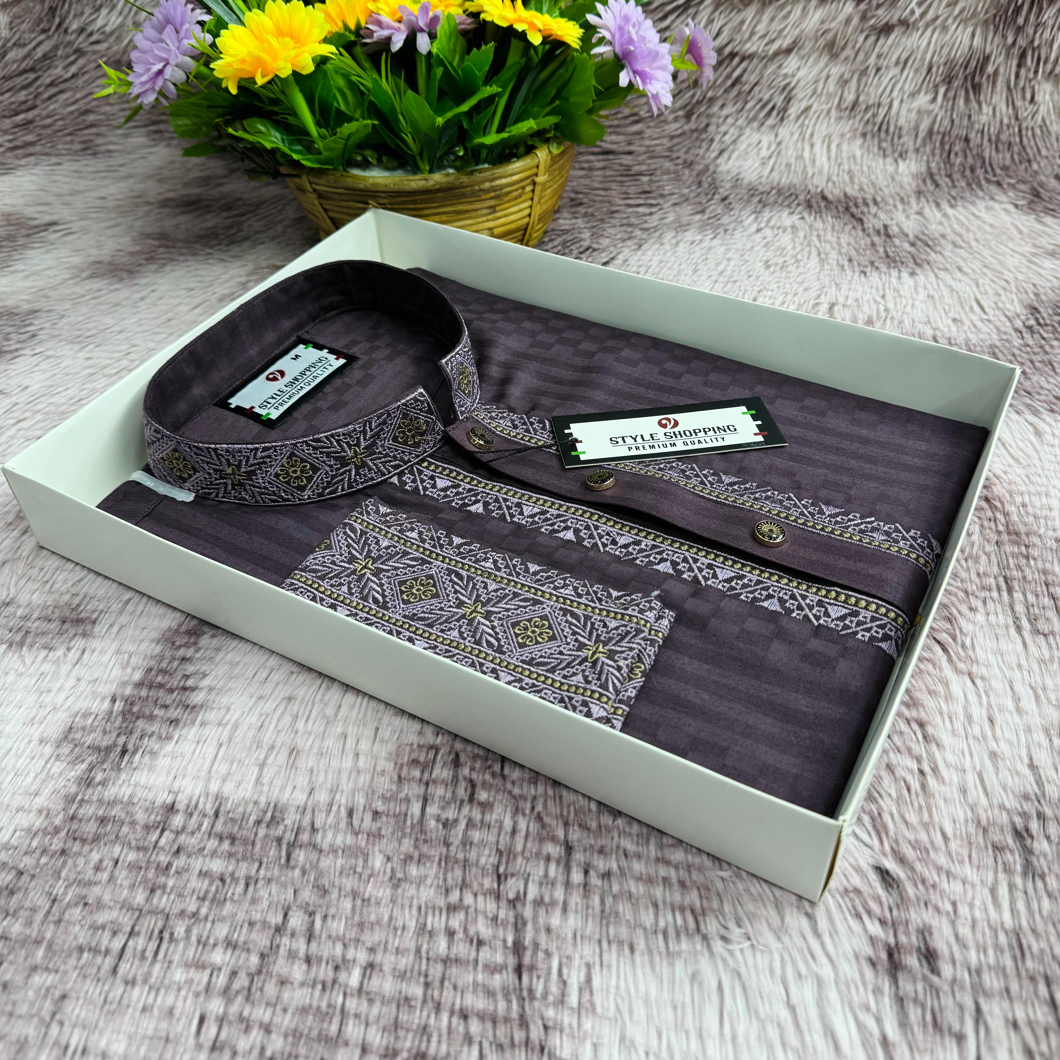 Men's Fancy Cotton Embroidery Panjabi, Sizes 40 to 44, 2 Colours