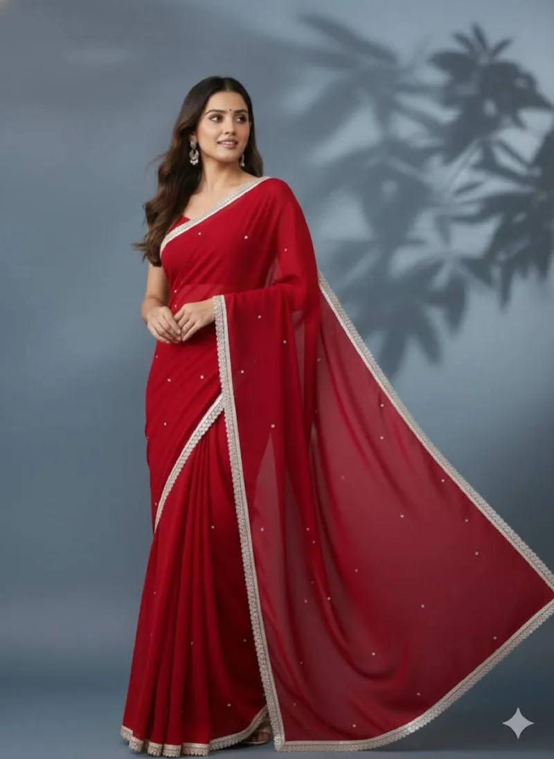 Georgette Saree with Stone Work and Lace, Matching Blouse