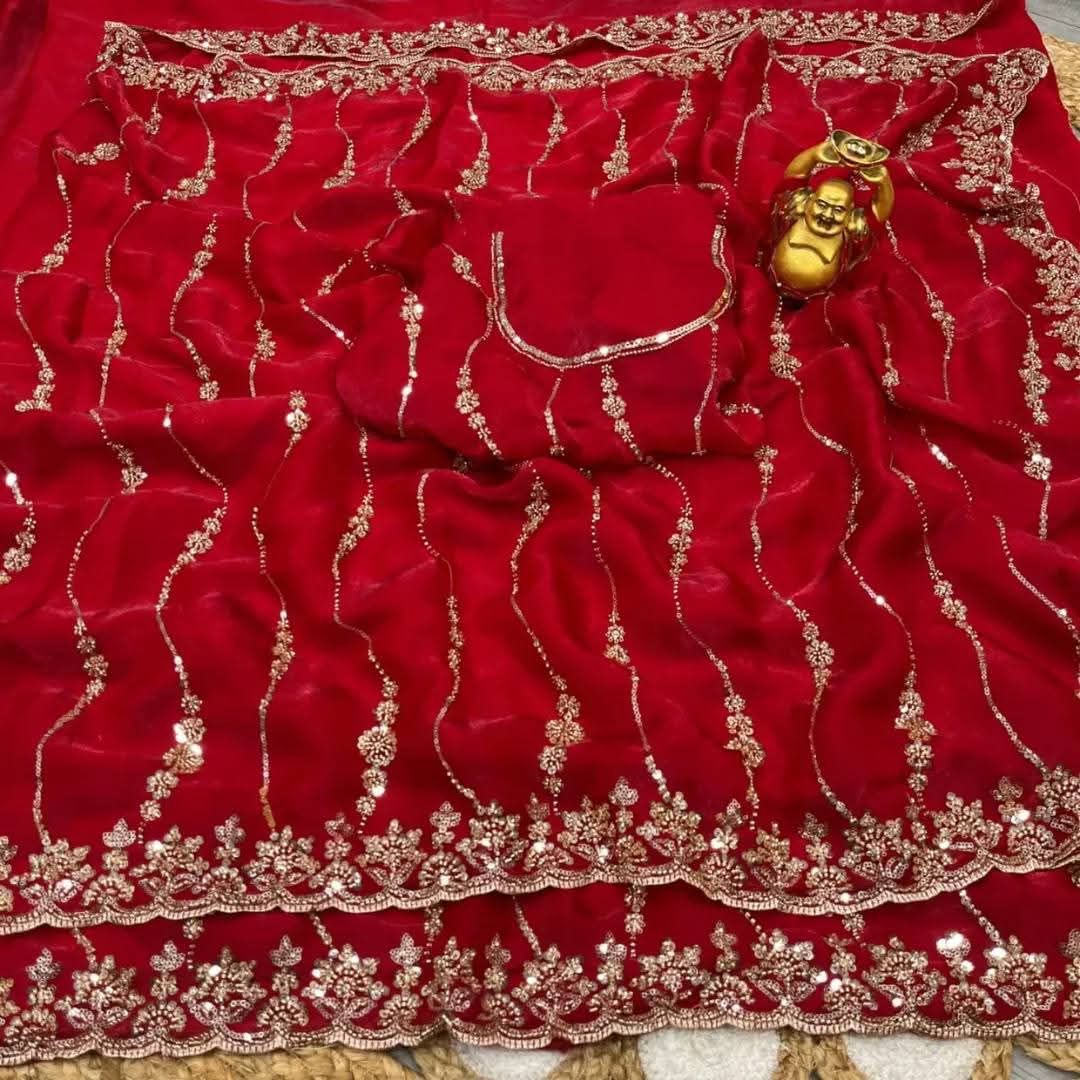 Women's Sequin Embroidered Silk Saree with Separate Blouse Piece