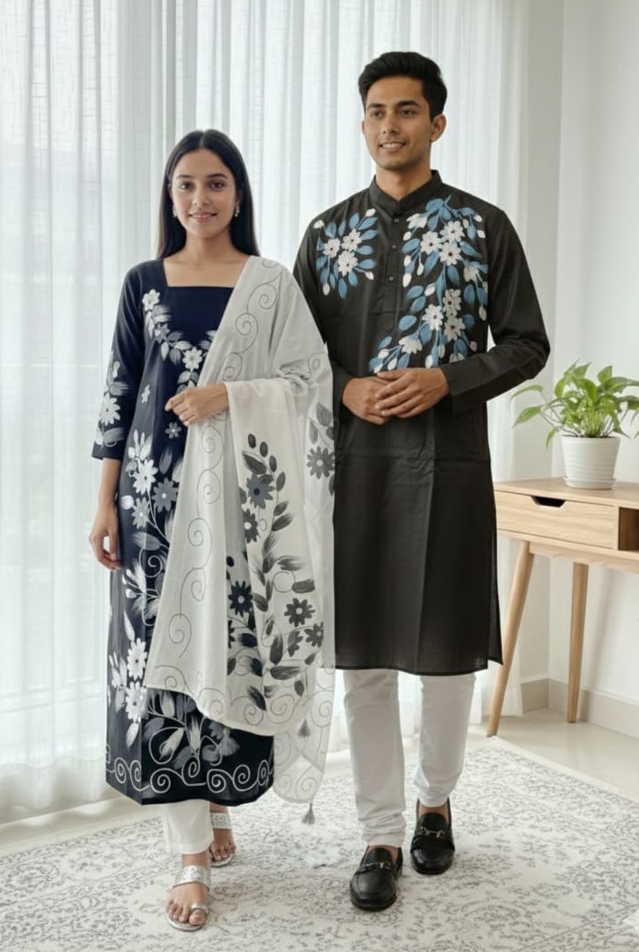 Panjabi and Three Piece Couple Set in Block and Hand Print