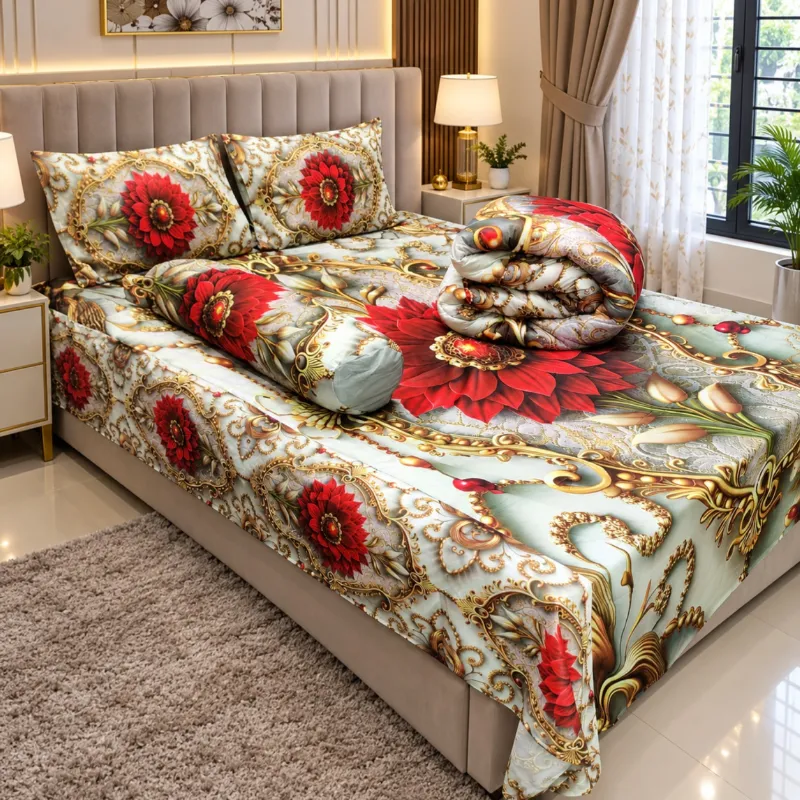 3D Design Comforter and King Size Velvet Bed Sheet Set, 6 Colours