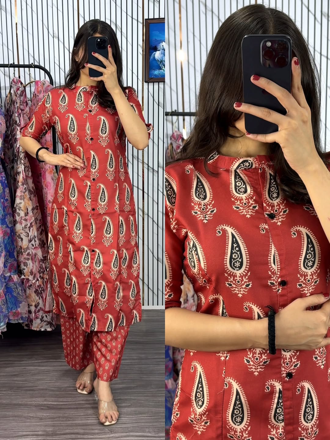 Ladies' Printed Cotton Kurti Two Piece with Free Size Waist Pant