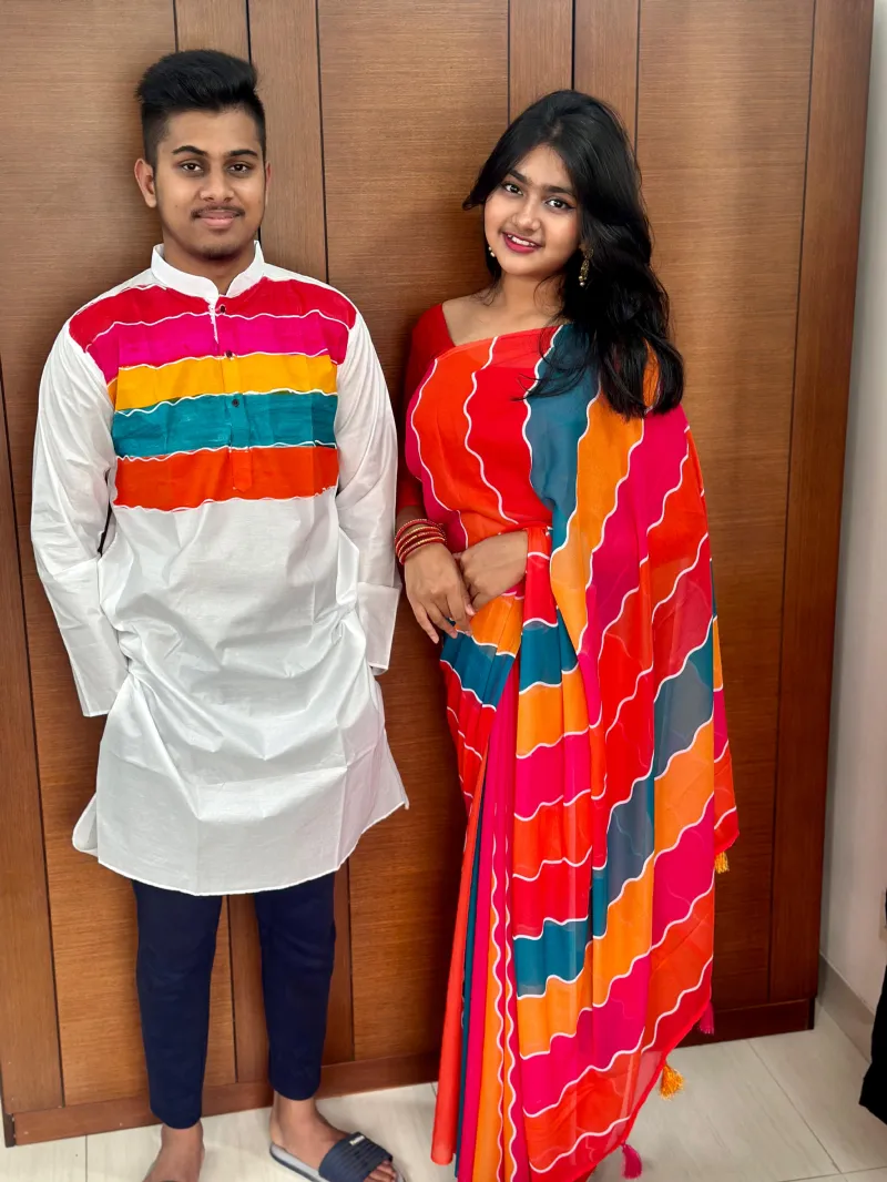 Georgette Embroidery Saree with Dhupian Silk Panjabi, Couple Dress