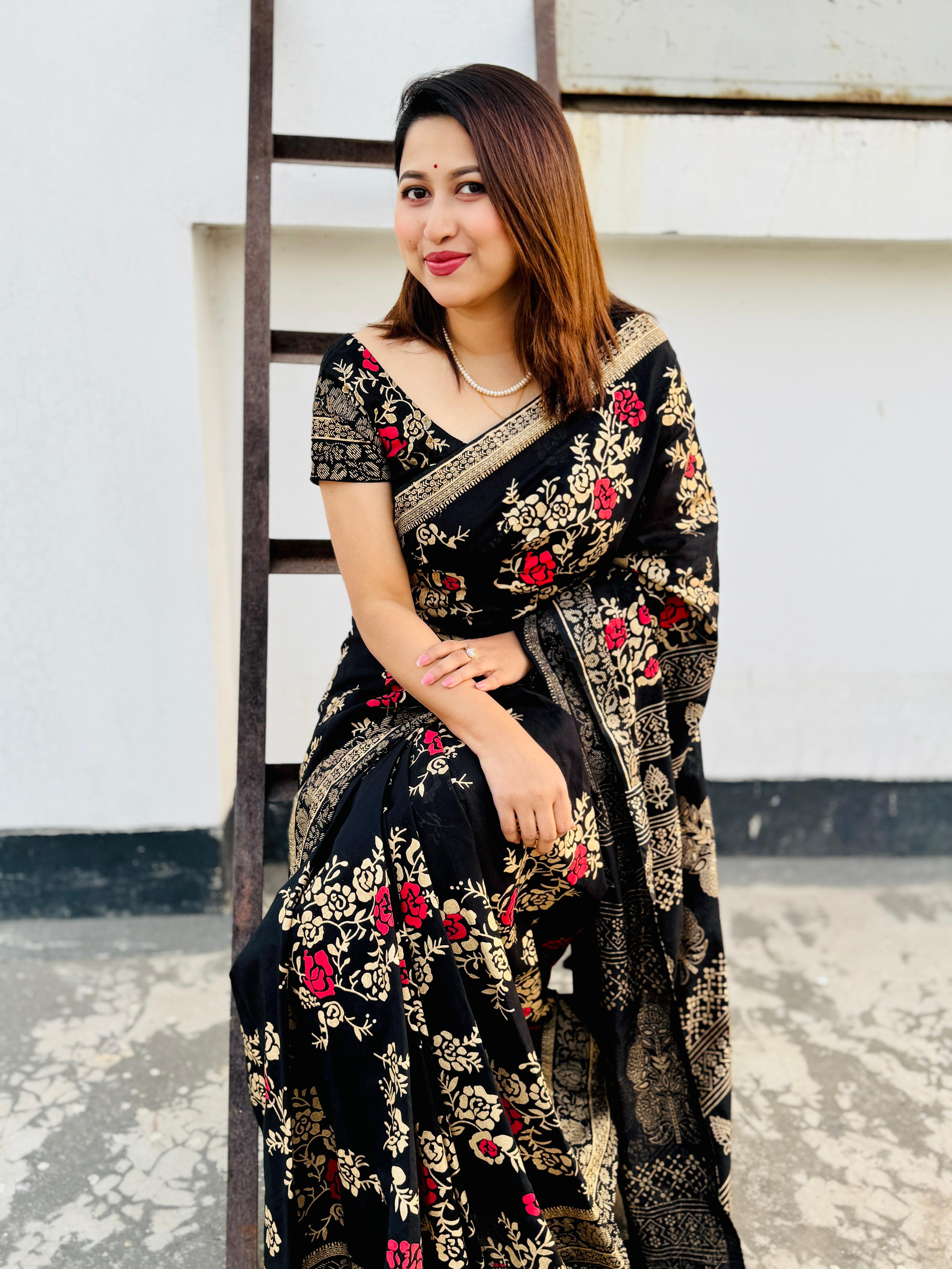 ধুপিয়ান সিল্ক স্ক্রিন প্রিন্ট শাড়ি, 13 হাত, 6 রং