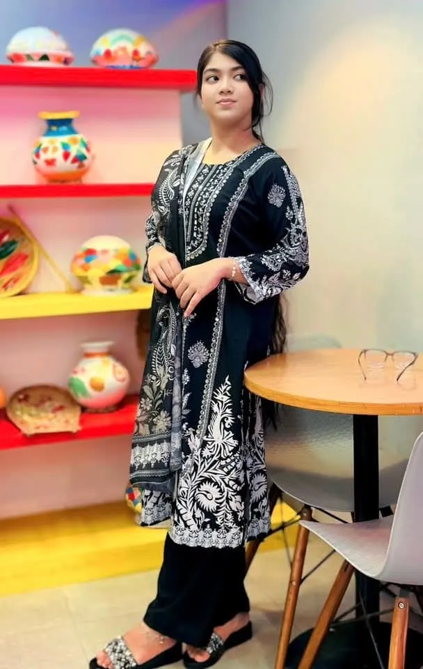 Butter Silk Digital Print Three Piece with Semi Georgette Orna