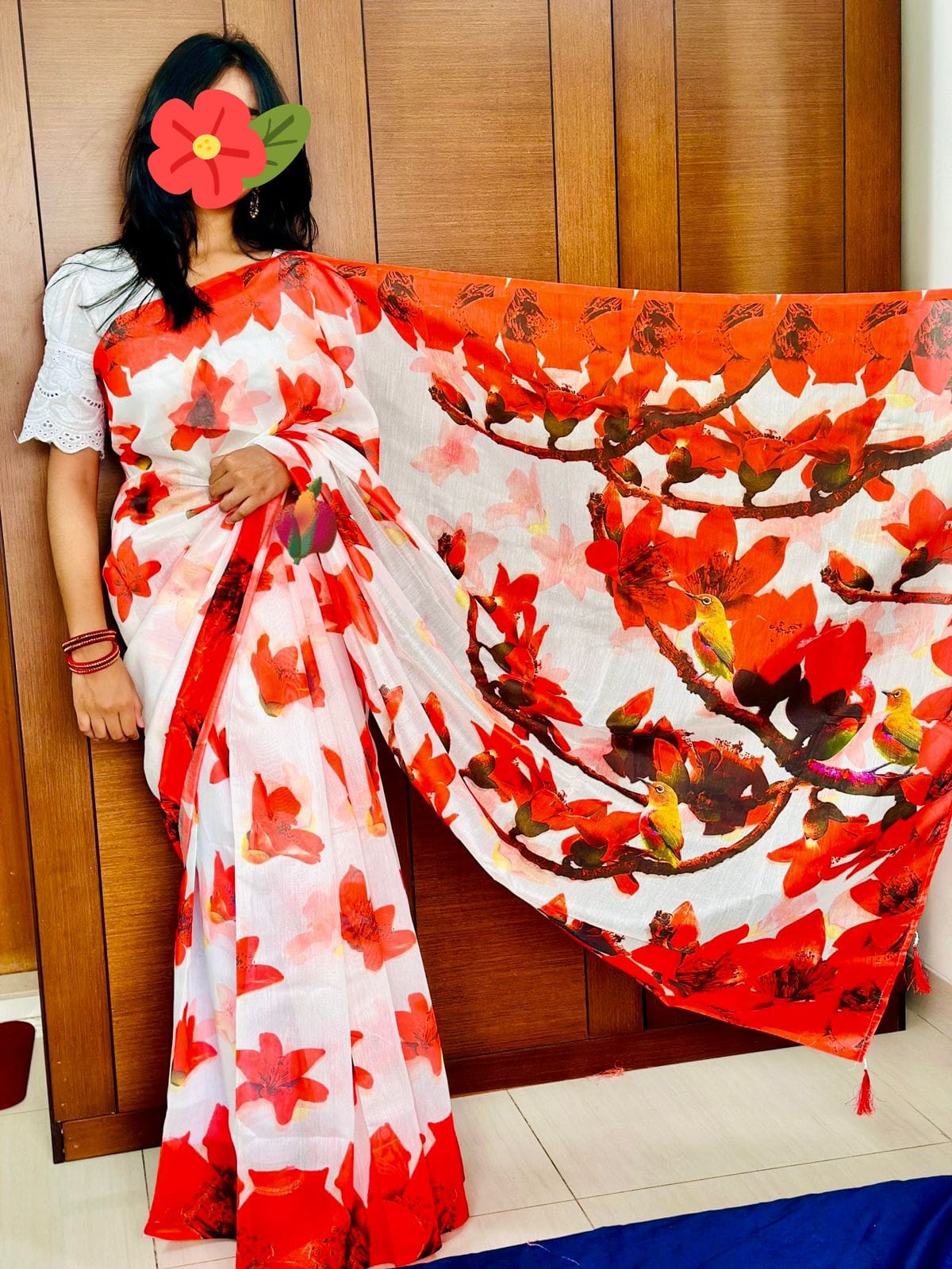 Women's Chanduri Silk Saree with Block Print Work
