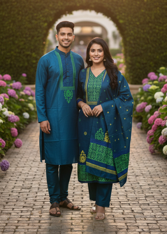 Couple Full Sleeve Three Piece and Hand Print Silk Panjabi