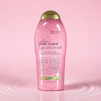OGX Sensitive Rose Water & Pink Sea Salt স্ক্রাব অ্যান্ড ওয়াশ 577ml