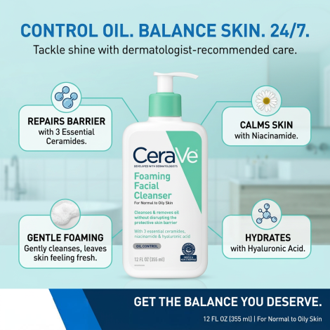 CeraVe ফোমিং ফেসিয়াল ক্লেনজার (নরমাল থেকে অয়েলি ত্বক) 355ml