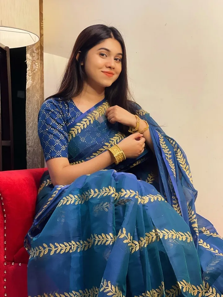 Block Print Semi Muslin Saree with Tassel Anchal, 14 Haath