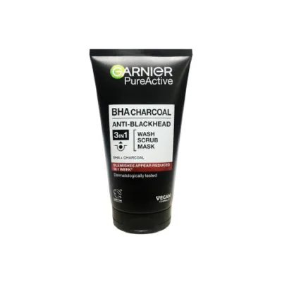 Garnier Pure Active BHA চারকোল অ্যান্টি ব্ল্যাকহেড 3in1 ওয়াশ স্ক্রাব মাস্ক 150ml