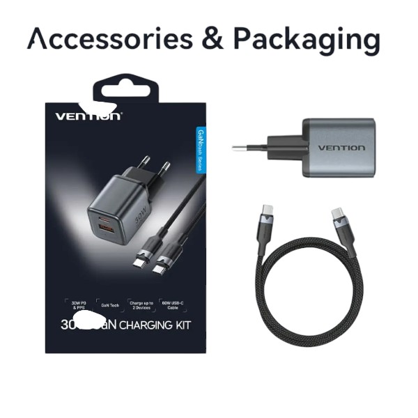 Vention 2-পোর্ট GaN চার্জার 30W USB-C + 18W USB-A, EU প্লাগ, 1M USB-C কেবলসহ