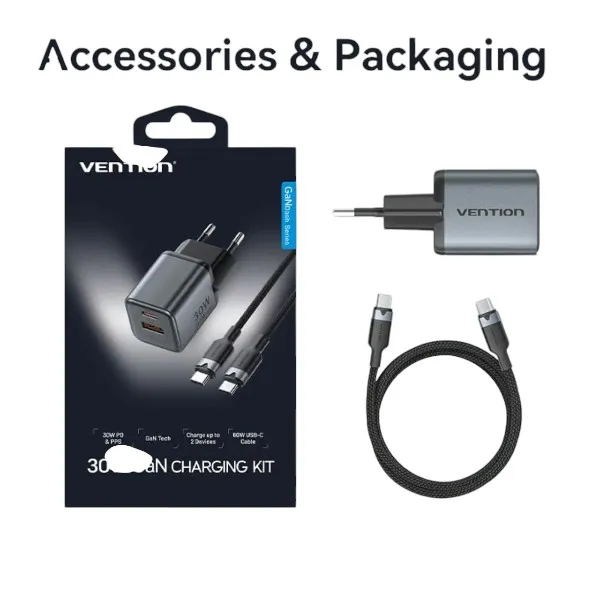 Vention 2-পোর্ট GaN চার্জার 30W USB-C + 18W USB-A, EU প্লাগ, 1M USB-C কেবলসহ