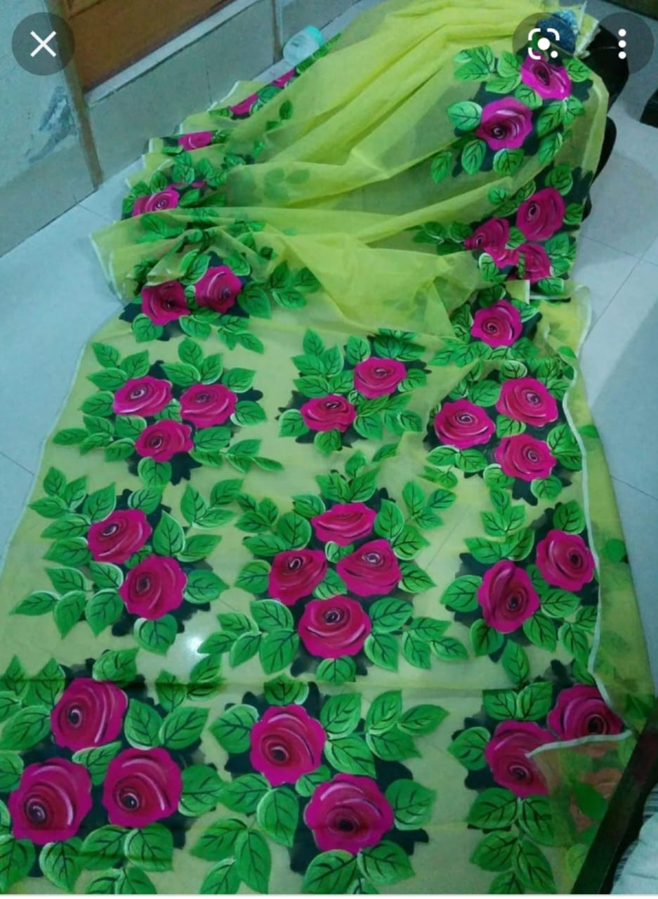 Half Silk Hand Print Saree with Brush Work, 12 Haath