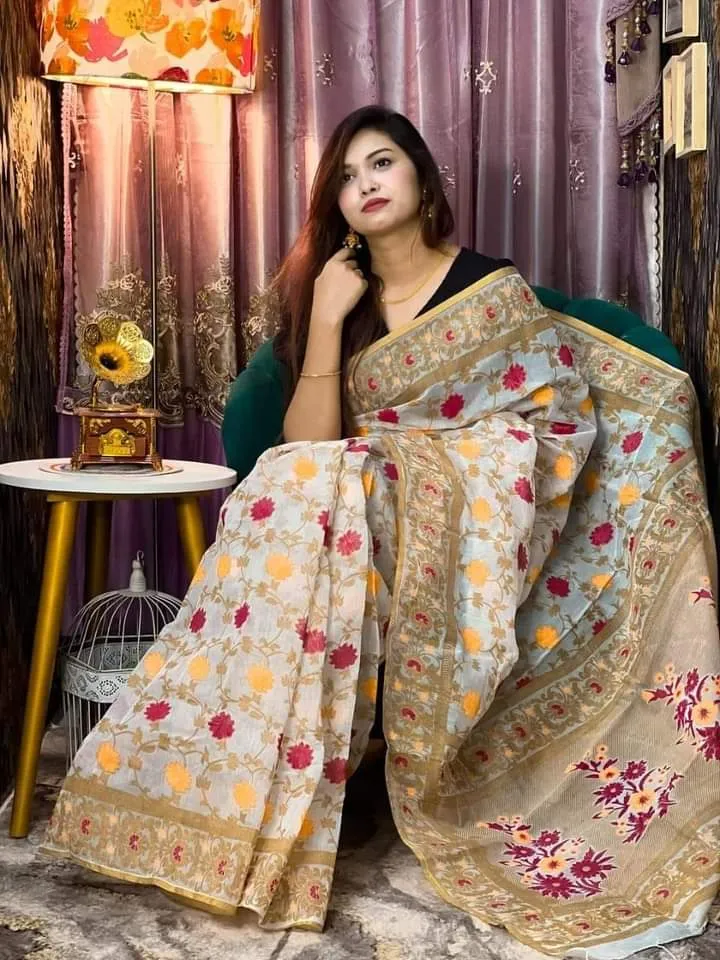 Hand Printed Half Silk Saree in 6 Colours, 12 Haath Long