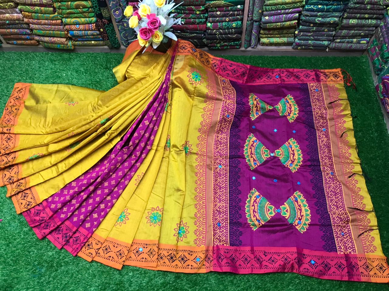 Embroidered Dhupian Silk Saree with Block Print, 6 Colours