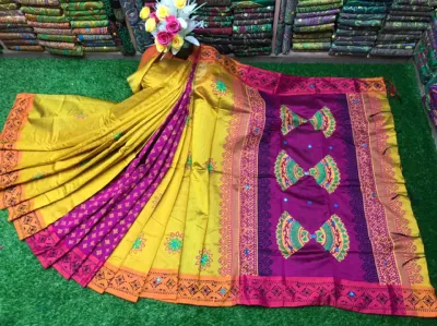 ব্লক প্রিন্টসহ এমব্রয়ডারি ধুপিয়ান সিল্ক শাড়ি, 6টি রং