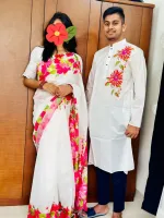 Couple Set, Chanderi Silk Saree and Dhupian Silk Panjabi, Hand Print
