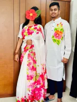 Couple Set, Chanderi Silk Saree and Dhupian Silk Panjabi, Hand Print