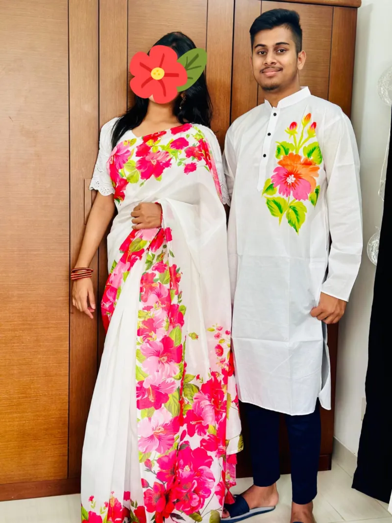 Couple Set, Chanderi Silk Saree and Dhupian Silk Panjabi, Hand Print