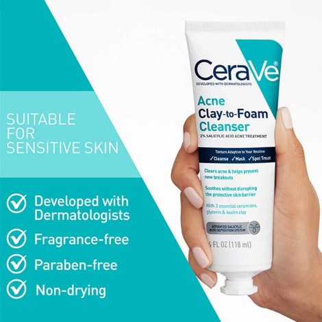 CeraVe Acne ক্লে-টু-ফোম ক্লেনজার 118ml