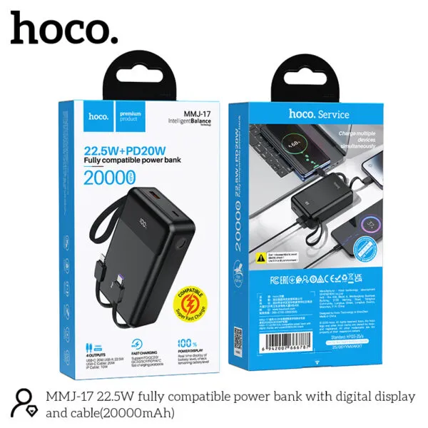 Hoco MMJ-17 22.5W 20000mAh পাওয়ার ব্যাংক – বিল্ট-ইন Lightning ও Type-C ক্যাবল