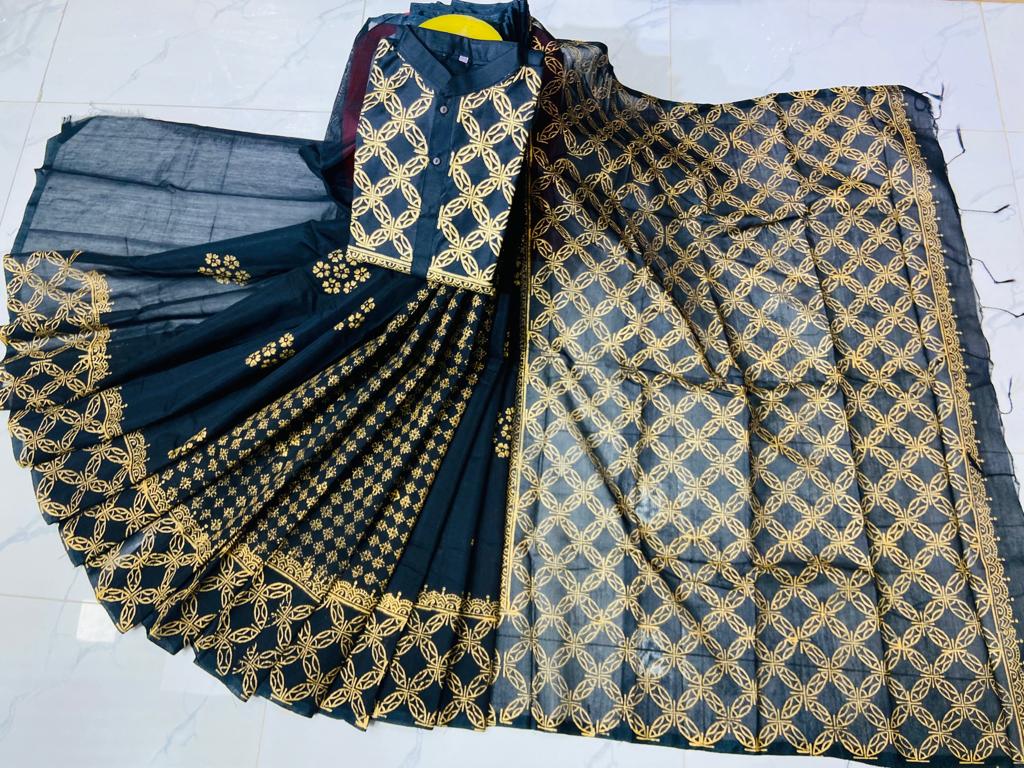 Matching Block Print Saree Panjabi Couple Set in Dhupian Silk