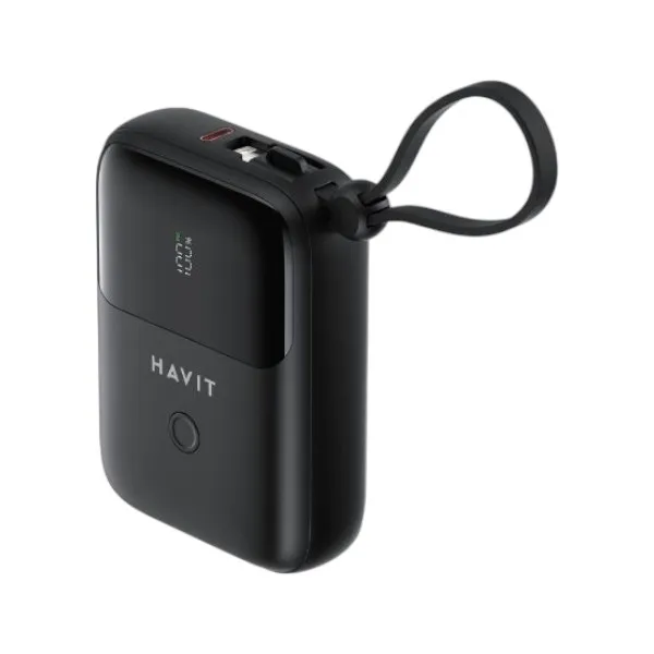 HAVIT PB5215 10000mAh ডিসপ্লে পাওয়ার ব্যাংক, USB-C ও Lightning কেবলসহ – কালো
