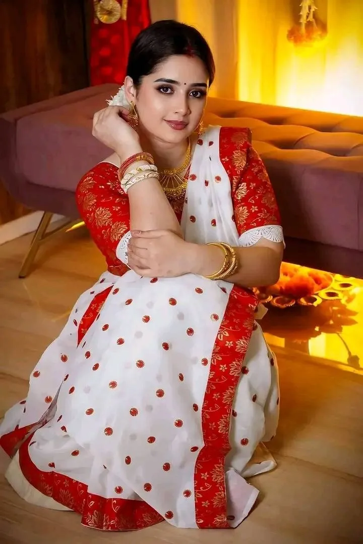 Women's White and Red Half Silk Saree for Pohela Boishakh