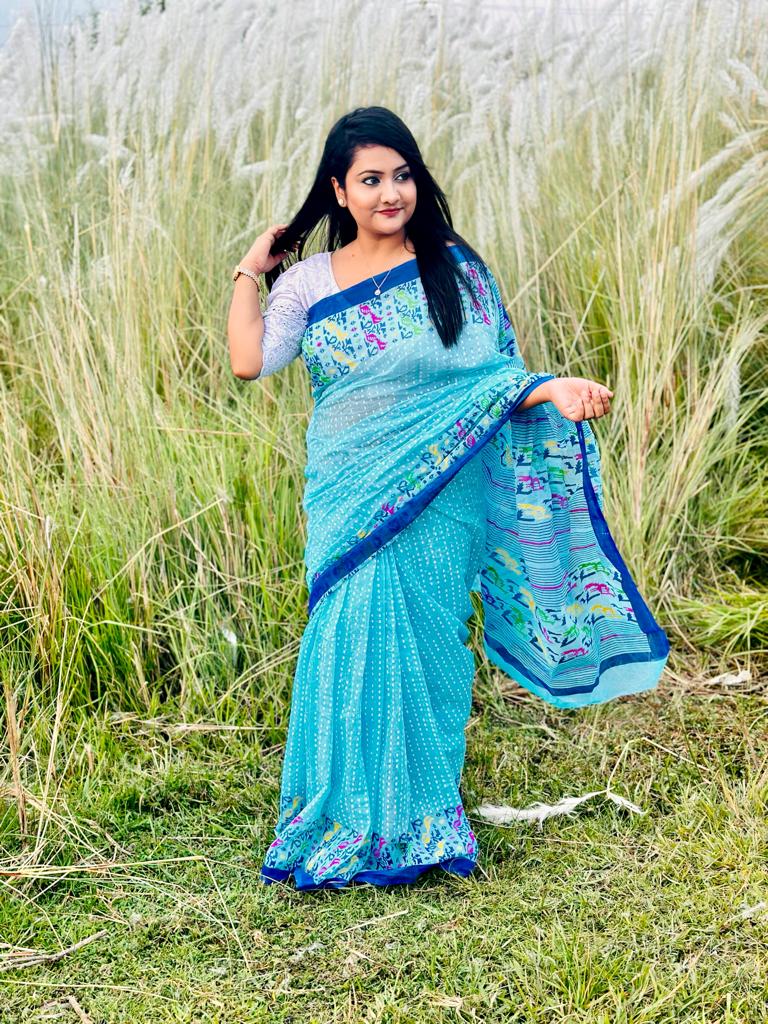 স্ক্রিন প্রিন্ট কাজের হাফ সিল্ক শাড়ি, 12 হাত