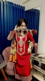 Linen Embroidery Sequin Three Piece with Butter Silk Salwar