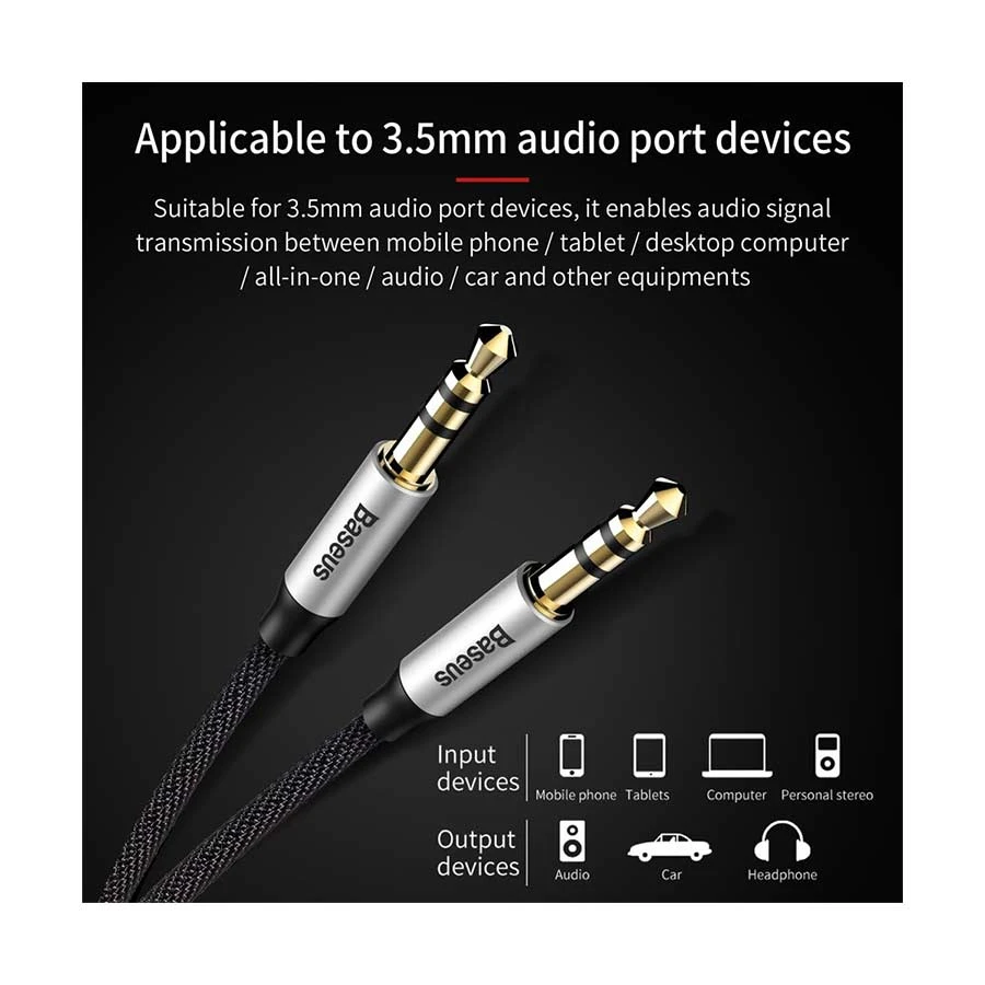 Baseus CAM30-CS1 3.5mm Male to Male 1.5 Meter Silver & Black Aux Cable