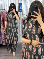 Ladies' Printed Cotton Kurti Two Piece with Free Size Waist Pant