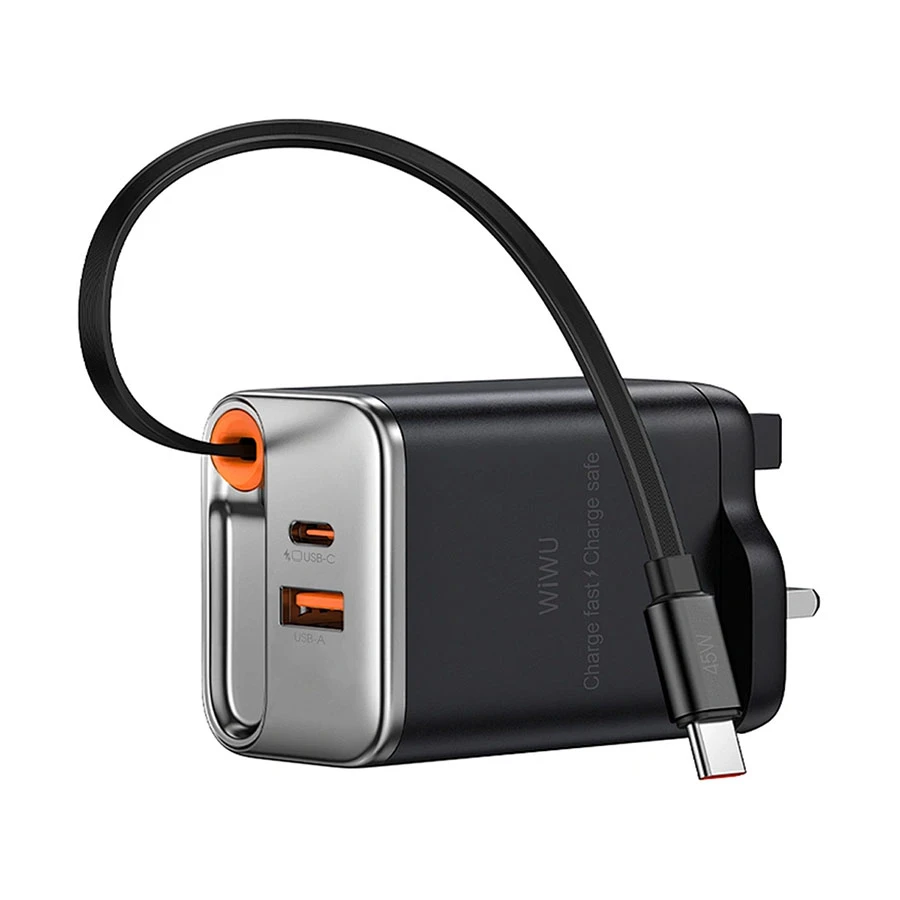 WiWU Helix 35W GaN USB & USB-C Charger with Built-in USB-C Cable (UK)