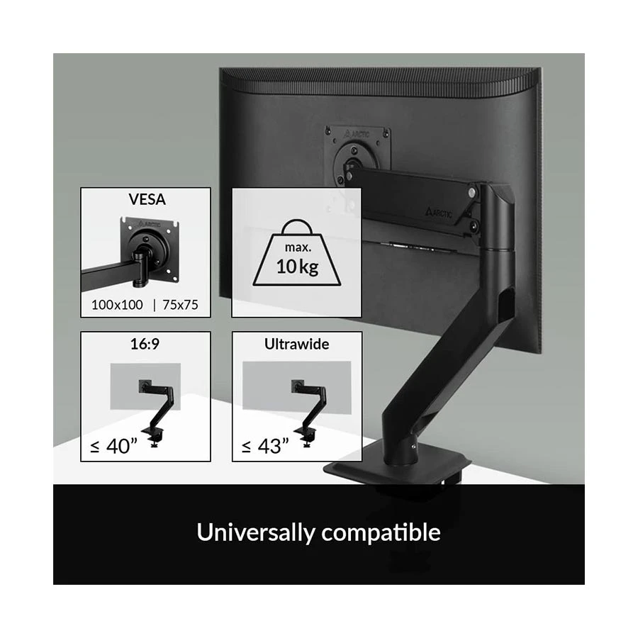 Arctic X1-3D 17-40 Inch Gas Spring Single Monitor Arm Matt Black