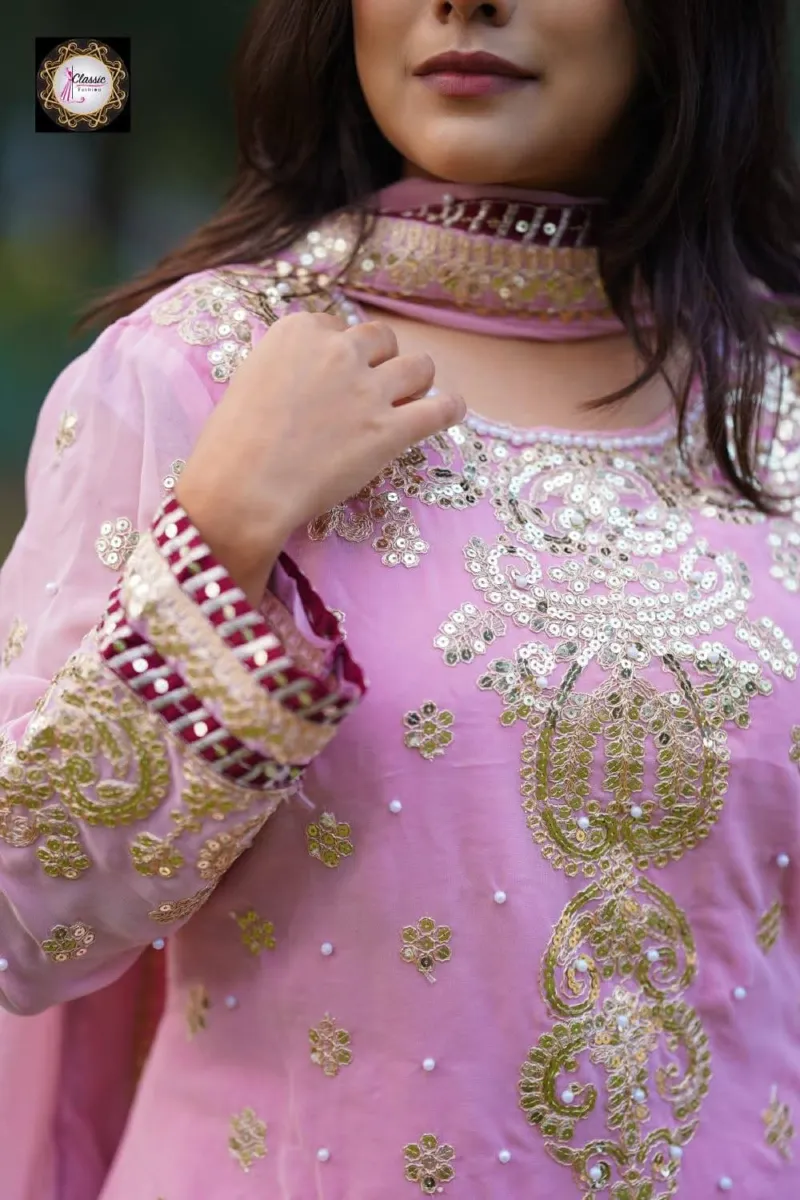 Fox Georgette Sequin Embroidery Three Piece with Sharara