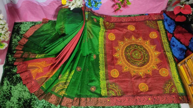 Dhupian Silk Embroidery Saree with Block Print in 6 Colours