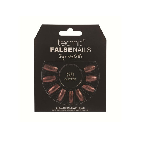 Technic Squareletto ফলস নেইল 24 পিস, গ্লু সহ - Rose Gold Glitter