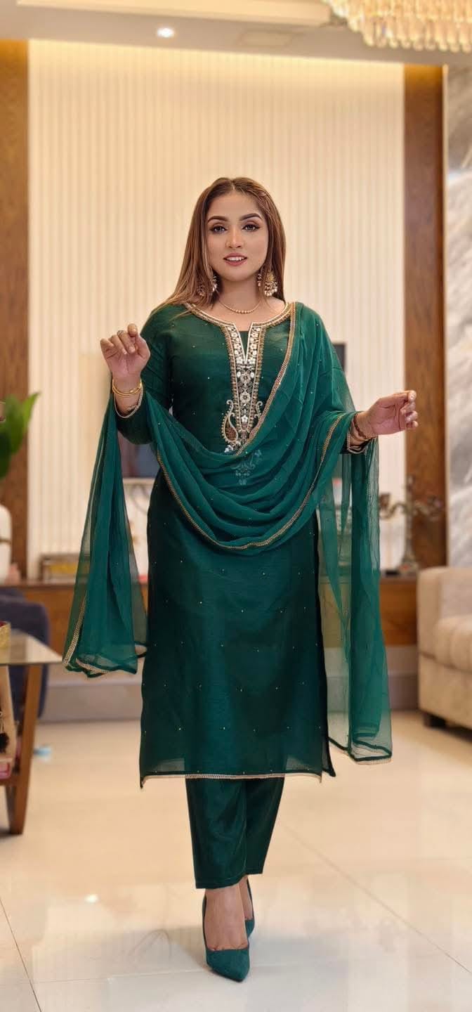 Topeto Silk Three Piece with Stone Work Embroidery, Sizes 42 and 44